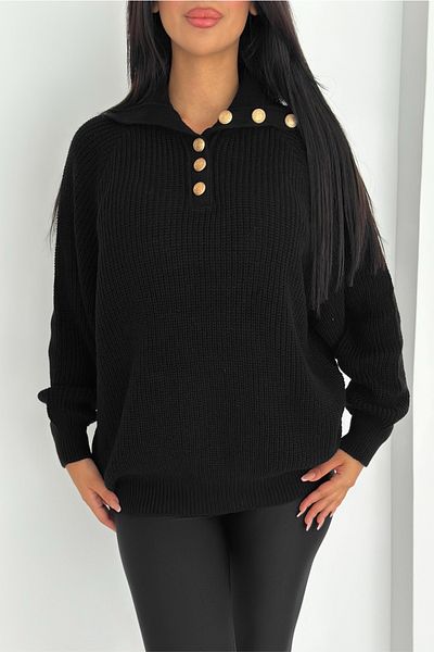 FEMELLE Black Gold Button Detailed Oversize Knitwear Sweater - Polo Neck Standard Size