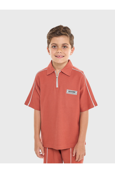 Victor and Jane By Styli Boys Piping Textured Knit Polo T-Shirt and Shorts Set