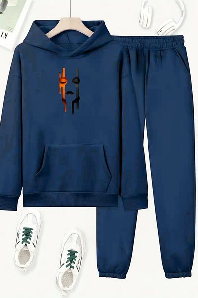 CLAYES Unisex Navy Blue Face Printed Tracksuit Hoodie - Winter Embossed Fabric