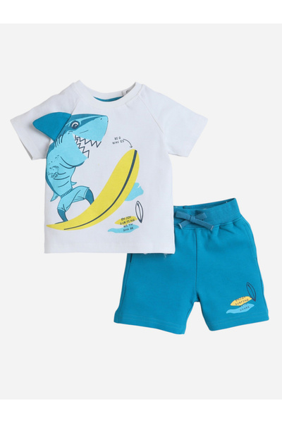 Victor and Jane By Styli Boys Shark Surfing Graphic T-Shirt and Shorts Set