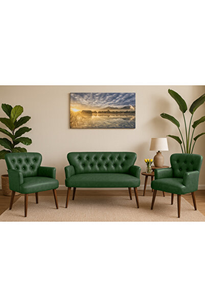 Azra Mobilya Yeşil Deri Chester Tarz Koltuk Takımı Modern Tasarım, Dayanıklı ...