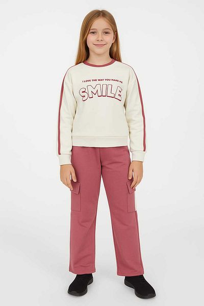 Midani Store Smile Written 2 Thread Girls Tracksuit Set (10-14 Years) White Top Black and Powder Bottom Sports Casual