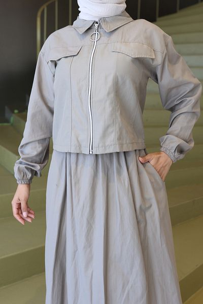 modessia Women's Khaki Poplin Zippered Jacket+Skirt Double Set