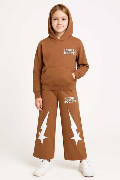 Midani Store Flygirl Society Lettering Hooded 2 Thread Tracksuit Set for Girls (Age 9-13) - Turquoise Brown