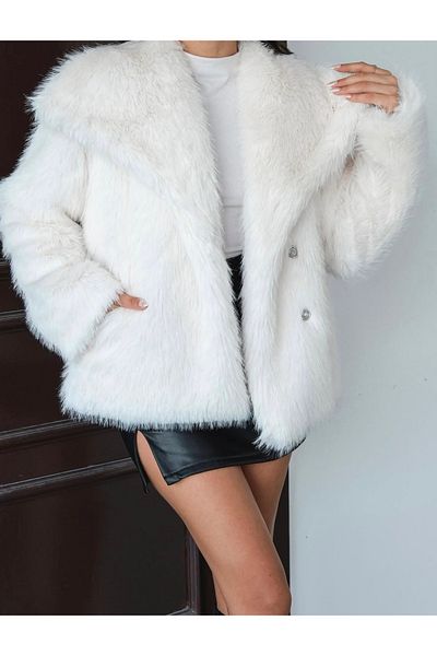 NET OF NOT Amaya White Shawl Collar Comfortable Fit Premium Quality Zr Fur Coat with Inner Lining