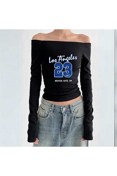 Touz Streetwear Printed Lace Black Long Sleeve Blouse