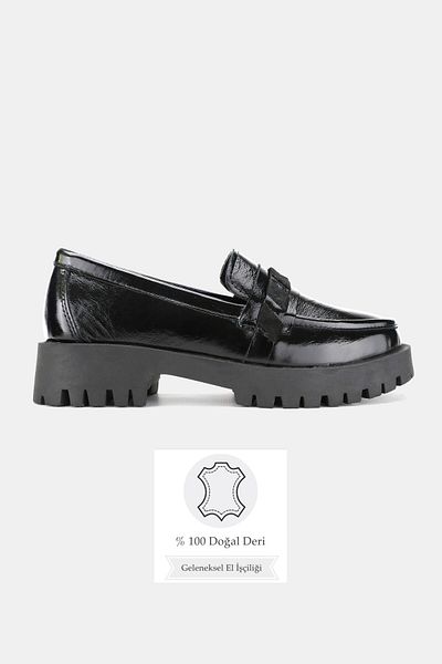 TUNAELLİ Women's Black Patent Leather Genuine Natural Leather Number 36-41 Loafer Shoes