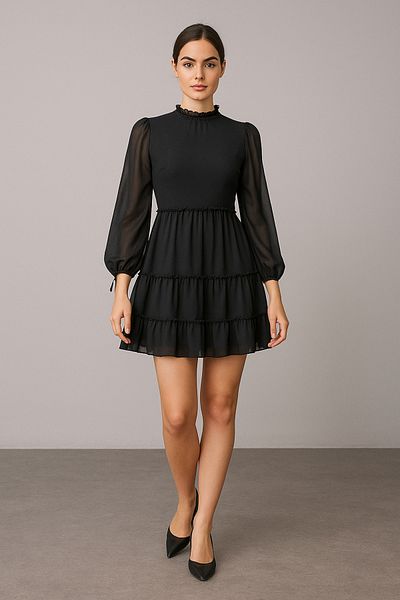Noi Belis Black Gather Detailed Lined Mini Size Woven Dress Ss25El0054