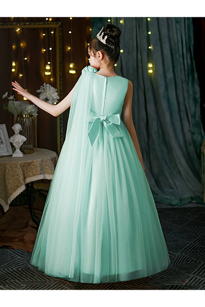 Styli Turquoise Embellished Bow Detail Mesh Party Dress