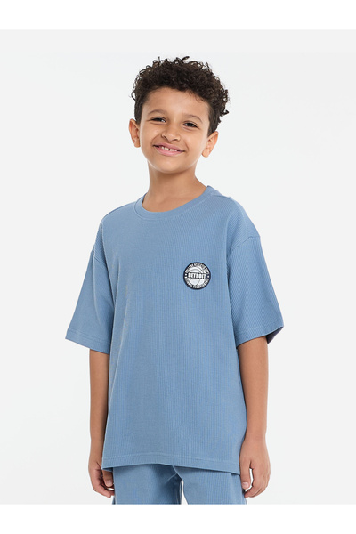 Victor and Jane By Styli Boys Blue Textured Ribbed T-Shirt and Shorts Set