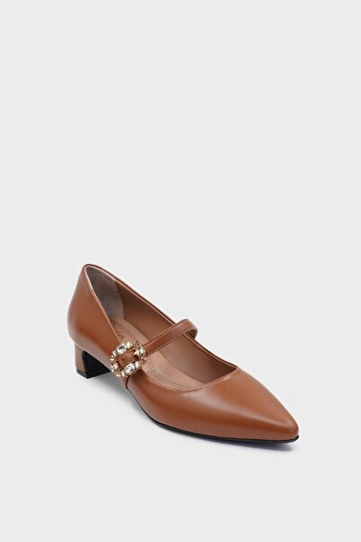 SHOEMOL SKT-080 Taba Deri Toka Detaylı Kadın Topuklu Ayakkabı