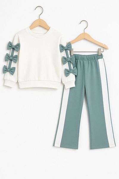 Midani Store Bow Detailed 2 Thread Girls Tracksuit Set (Age 8-12) - Cream Top / Beige Bottom White Top / Blue Bottom