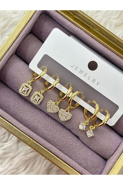 BY YASİN TOPÇU Vip Gold Color 3-Piece Stone Charm Earring Set