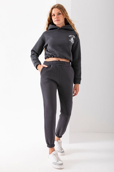 GİYSA Women's Hooded Sporty Embroidered Stopper Detailed Tracksuit Set Smoked - 2607