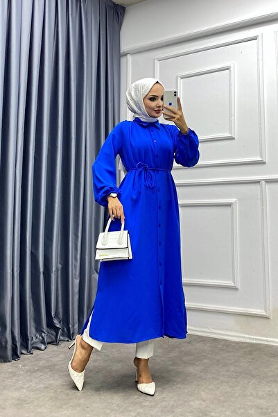 dubai showroom Omuz Pile Detay Düğmeli Tunik Saks Mavisi
