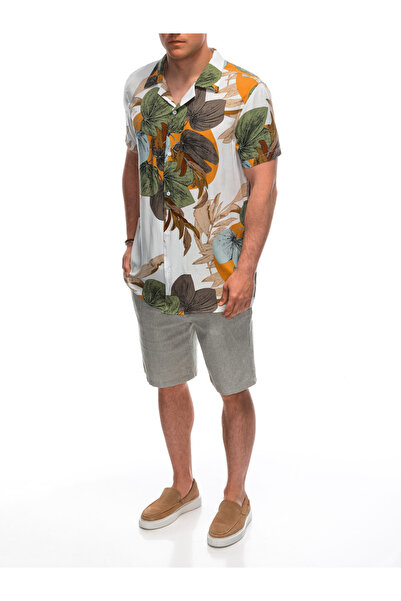 OMBRE Ανδρικό κοντομάνικο πουκάμισο με σχέδιο βισκόζης OM-SHPS-0113 - λευκό/κρεμ V6 M