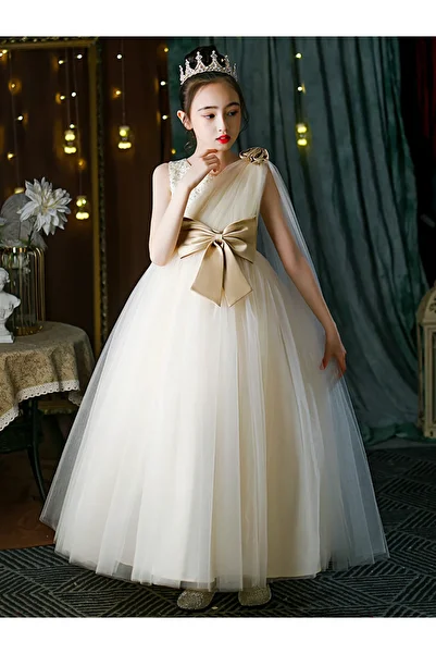 Styli Cream Embellished Bow Detail Mesh Party Dress