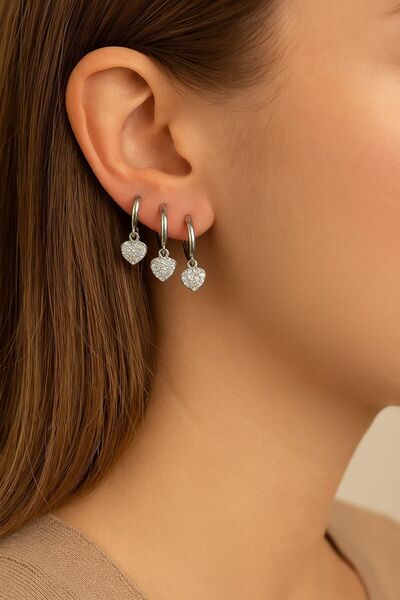 BY YASİN TOPÇU Vip Silver Color 3-Piece Heart and Stone Charm Earring Set
