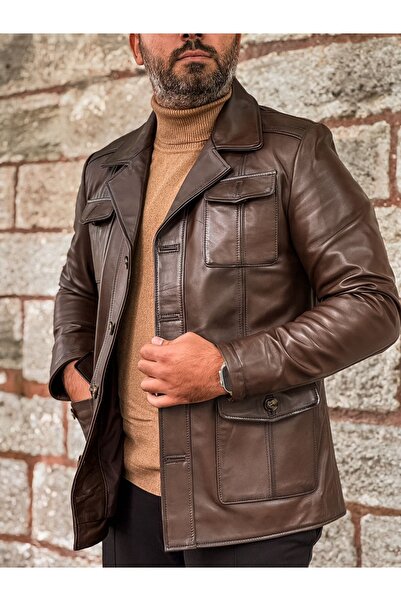 ErhanKorkmazShoes ERKEK KAHVE GERÇEK DERİ SAFARİ CEKET