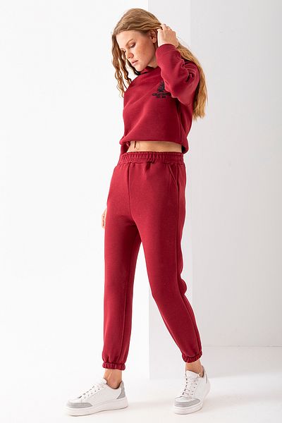 GİYSA Women's Hooded Sporty Embroidered Stopper Detailed Tracksuit Set Claret Red - 2607