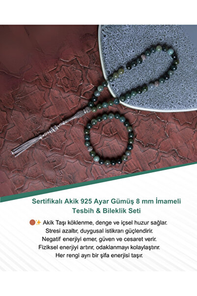 Saff Doğal Taş Sertifikalı Akik 925 Ayar Gümüş 8 mm İmameli Tesbih & Bileklik...