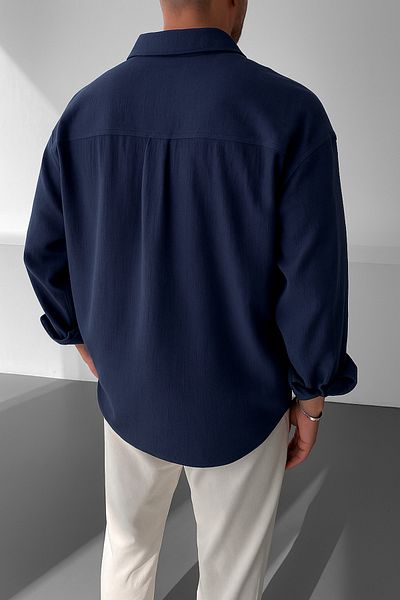 WAMOSSALAPLI Ayrobin Textured Owersie Linen Navy Blue Men's Shirt