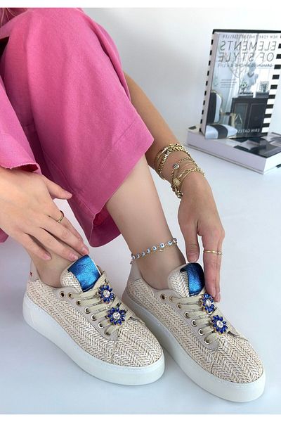 Zerenyus Lemda Premium Beige Straw Woven Lace-Up Sports Shoes