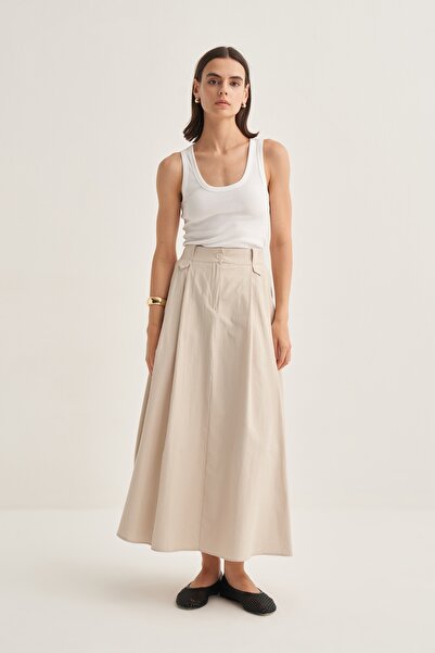 EBU Prive Kadın Poplin Pileli Etek Bej
