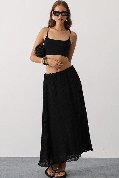 VAGGON Women's Black Lace Detailed Long Skirt Vs00628