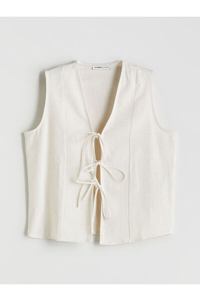 LC Waikiki Quality Parts from Celebi Store |   V-Neck Tie-Up Linen Blend Blouse