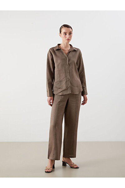LC Waikiki Lcwaikiki Classic Brown Elastic Waist 100% Linen Women's Trousers