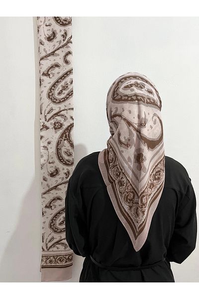 AMİNENESİL Soft Cotton Ethnic Pattern Flax Coffee Color Scarf