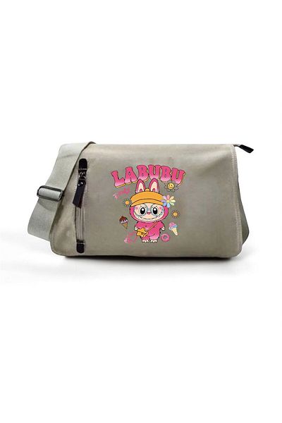 DEEFWEAR Beige Labubu Ice Cream Printed Unisex School, Course, Dershane Messenger Bag