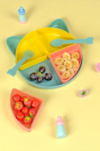 İronika Kitty 7 Piece Kitten Model Kids Baby Fork Spoon Plate Meal Nutrition Set Food Plate - Yellow