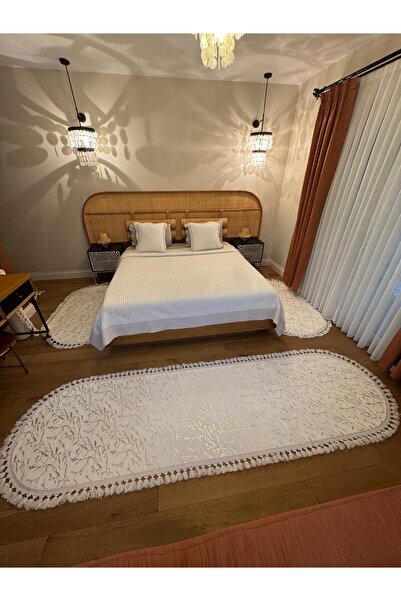 YTR HOME Oval Gold Simli Bambu Yumuşak Süngerli Kaymaz Yatak Odası Halı Takımı Beyaz 3lü Set