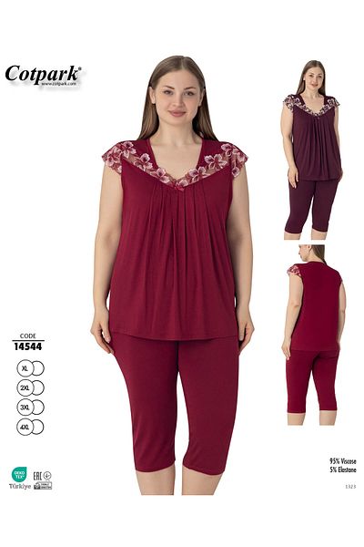 Cotpark Women's Plus Size Viscose Elastane Fabric Short Sleeve Capri Suit 14544