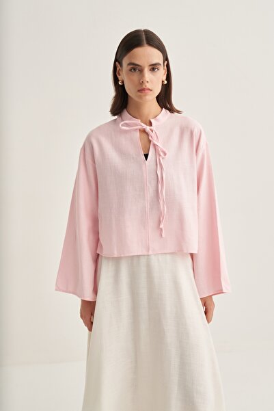 EBU Prive Women's Organic Cotton V-Neck Short Blouse Pink