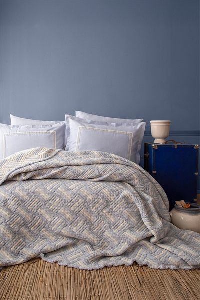Apricitas HOME Sevilla Blue Double 100% Cotton Bedspread + Flat Sheet Set
