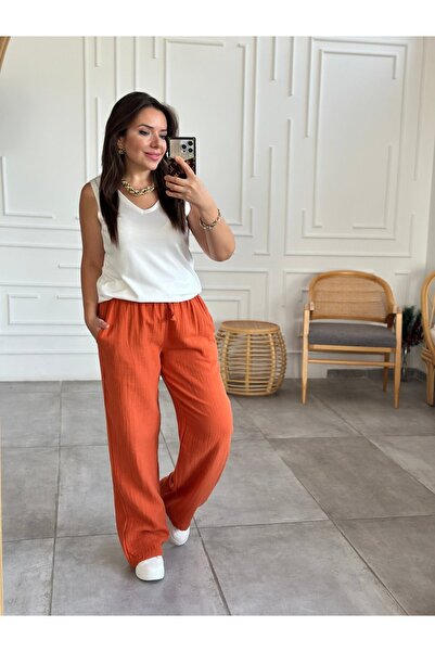 Yağmur Butik Pantaloni din muselină cu talie elastică și picior larg