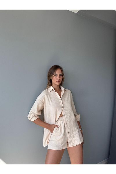 AlisaSu Button Front Shirt Elastic Waist Shorts Cotton Muslin Double Suit