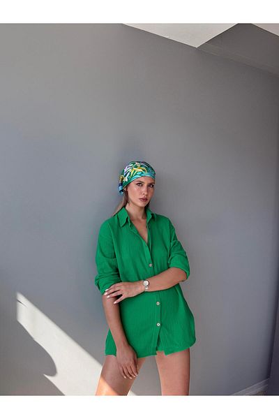 AlisaSu Button Front Shirt Elastic Waist Shorts Cotton Muslin Double Suit