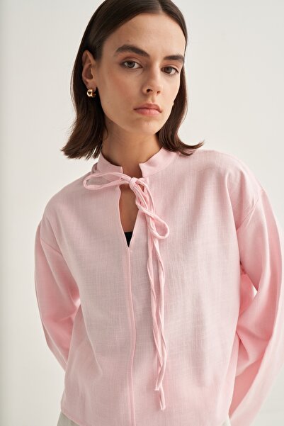 EBU Prive Women's Organic Cotton V-Neck Short Blouse Pink