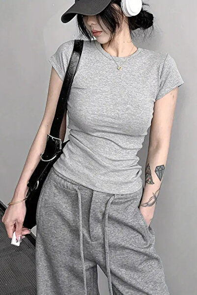 COOL TARZ Gray Crew Neck Basic Women's T-Shirt