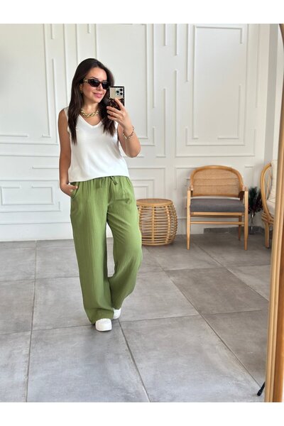 Yağmur Butik Pantaloni din muselină cu talie elastică și picior larg