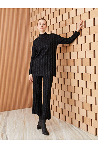 LC Waikiki Black Elastic Waist Wide Leg Women's Knitwear Trousers