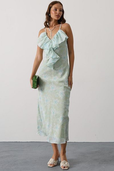 VAGGON Patterned Collar Flounce Strap Dress
