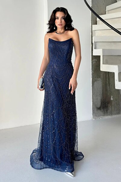 Feminist Taş İşlemeli Uzun Balık Abiye Lacivert 0801056