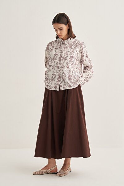 EBU Prive Kadın Poplin Pileli Etek Kahve