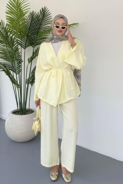 Modaensarbutik Bluz Biye Kemer Detaylı Pantolonlu Tesettür Takım-SARI