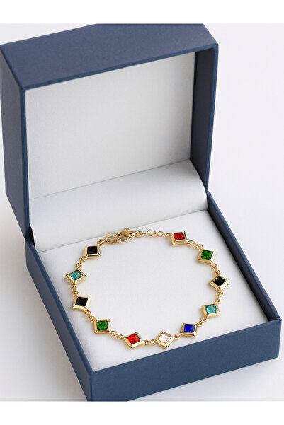 BIJUTERI El Yapımı Renkli Kare Taşlı Altın Kaplama Zarif Zincir Bileklik